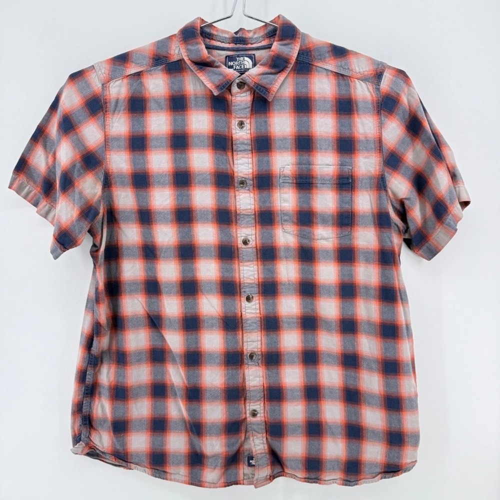 The North Face Button Down Mens XL Plaid Short Sleeve Cotton Orange Navy Plaid